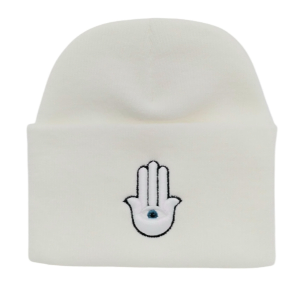Spiritual Hamsa Hand 3rd Eye 3D Embroidered White Cuffed Beanie Hat Beanie Cap